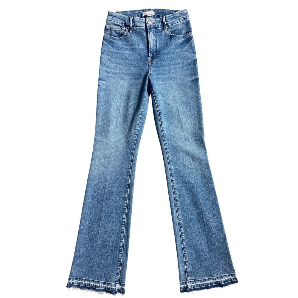 Good American Flare Jeans Size 2/26 High Rise Medium Wash Raw Hem Stretch Denim